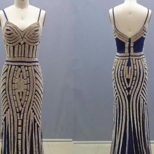 Elegant gold and navy blue prom dress